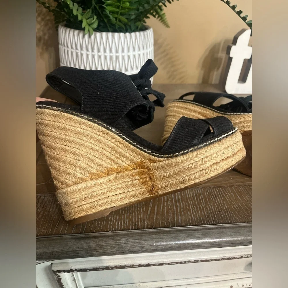 TORY BURCH Black Lace Up Canvas Espadrille Wedges Sandals Size 5